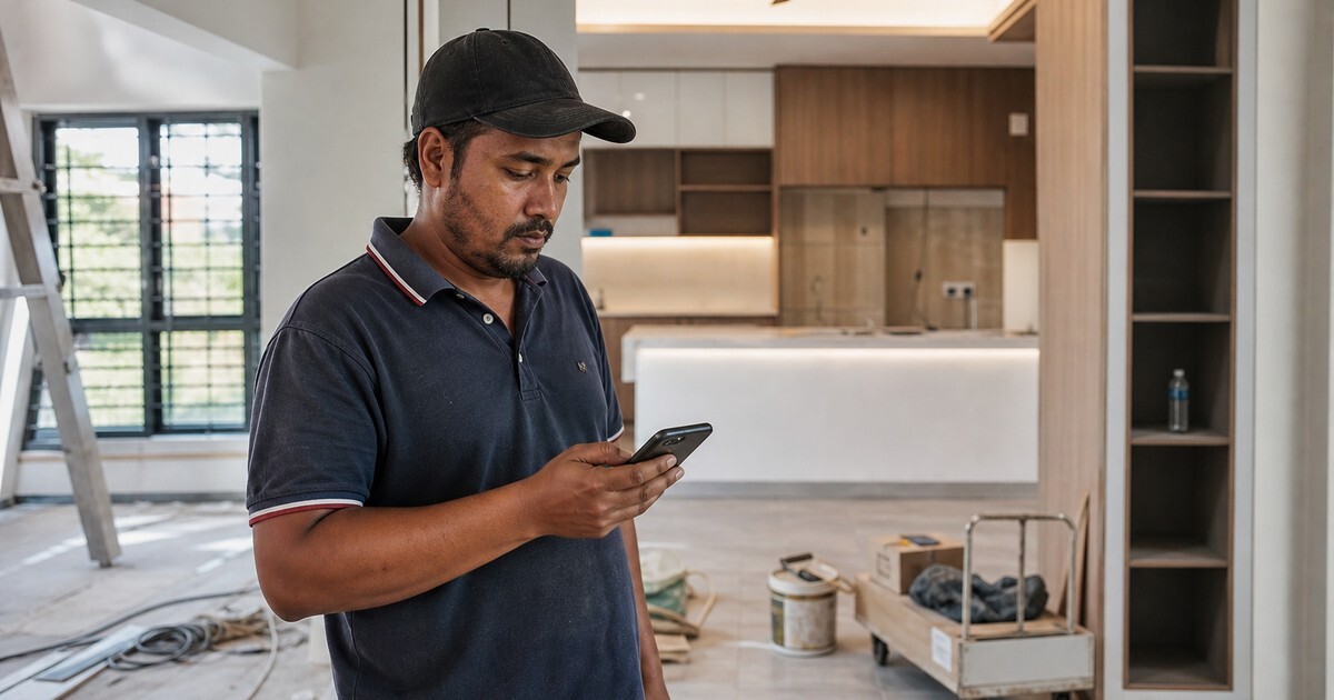 Renovation contractor sending a review request message to a client on a phone after project handover