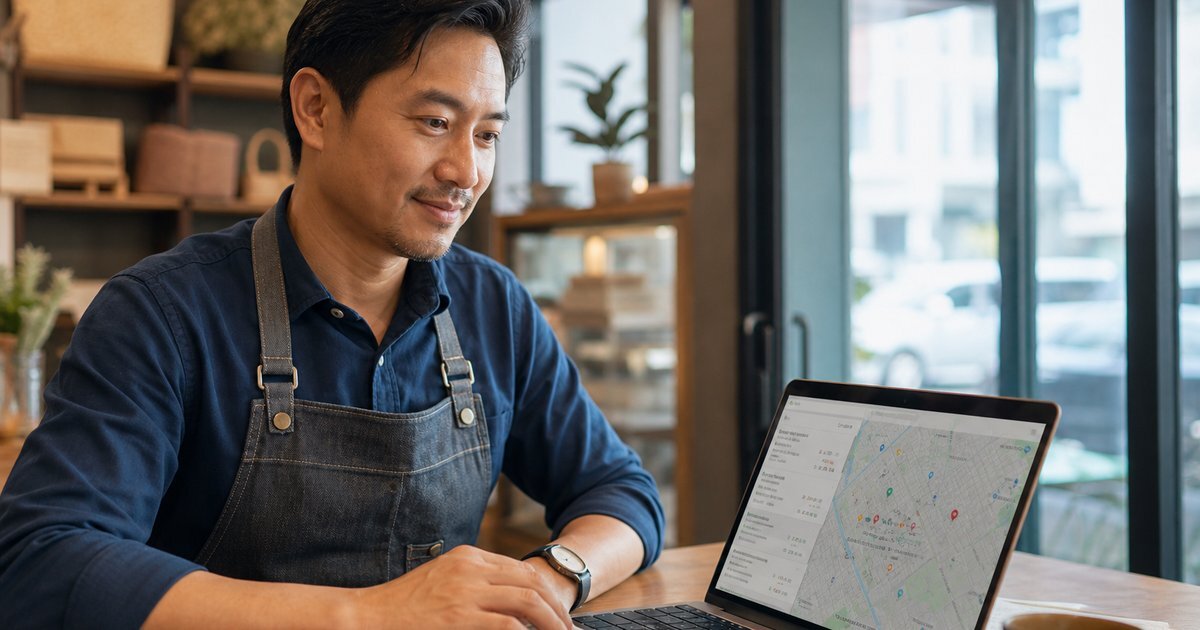 Malaysian business owner checking local search rankings on a laptop showing Google and AI search results