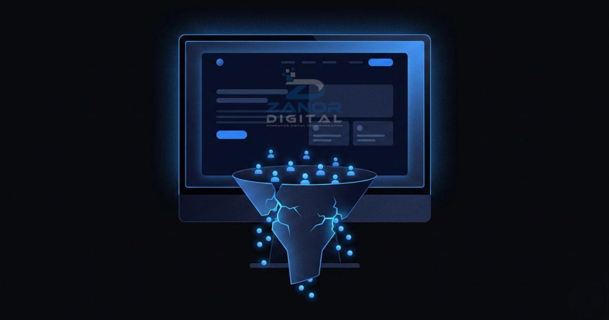 Small business website interface showing empty lead capture form and low conversion rate